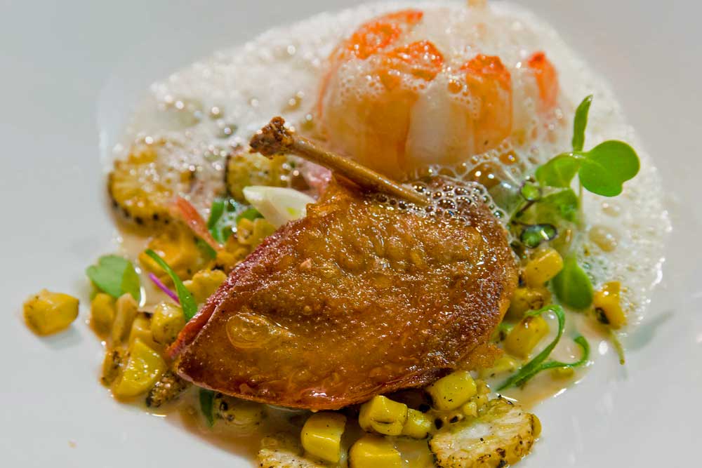 Roasted quail leg with sweetcorn, Asian dumpling and microgreens, professional food photography